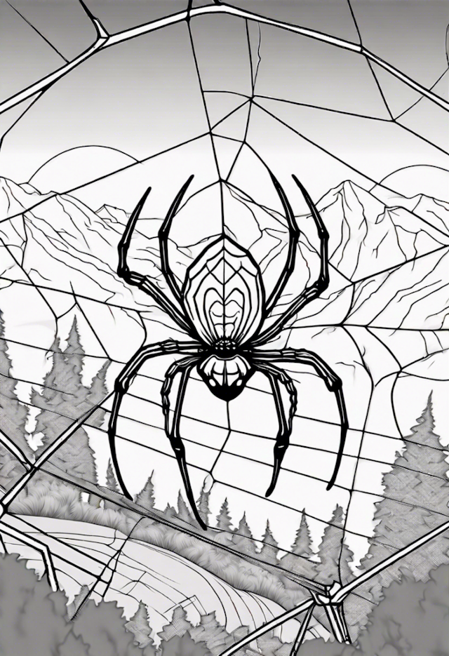 A coloring page of Spider in the Forest Web: A Mountainous Coloring Adventure