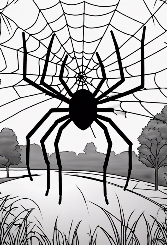 A coloring page of Spider and Web in the Forest