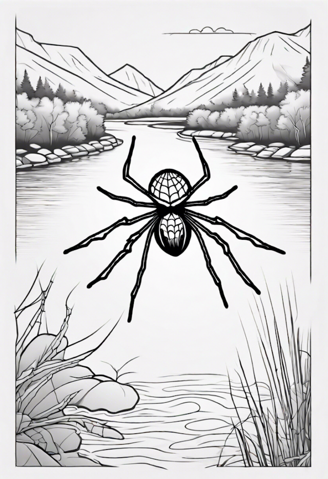 A coloring page of Spider by the River in the Mountains Coloring Page