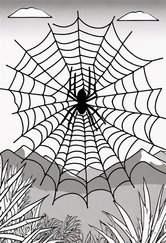 A coloring page of Spider on a Web in Nature