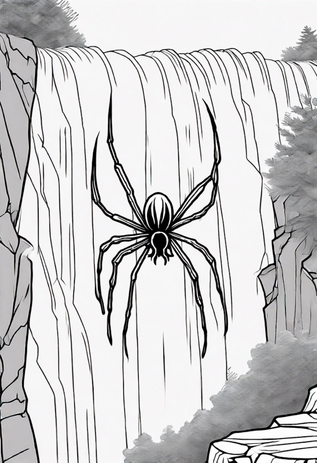 A coloring page of Spider Over the Waterfall Coloring Page
