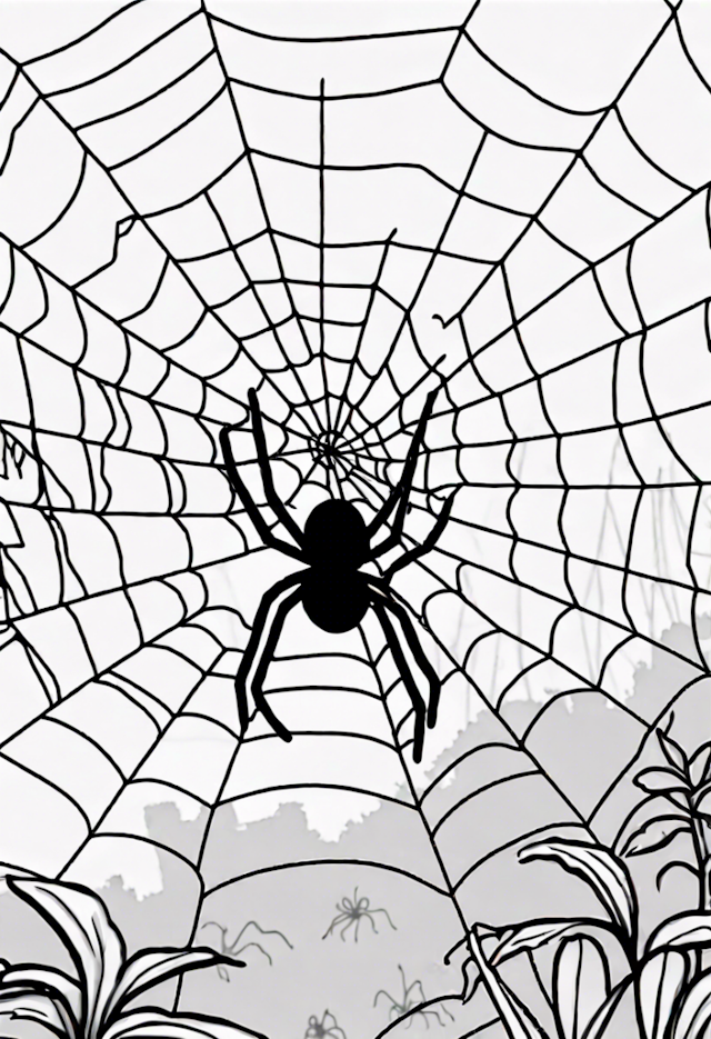 A coloring page of Spider in a Web Coloring Page