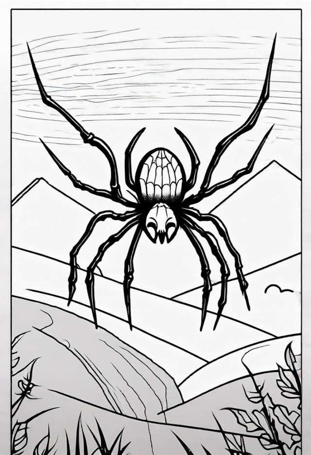 A coloring page of Spider in the Mountains Coloring Page