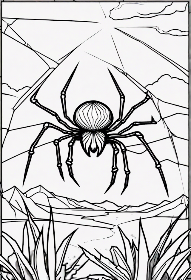A coloring page of Spider in the Mountain Landscape Coloring Page
