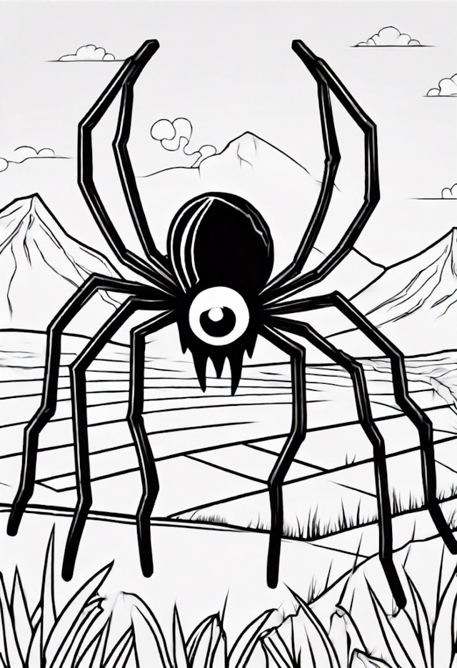 A coloring page of Giant Cyclops Spider in the Mountains Coloring Page