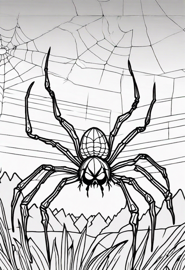 A coloring page of Spider in the Web: Creepy Crawly Coloring Page