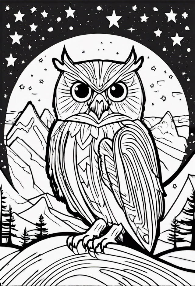 A coloring page of Night Owl in the Starry Mountains Coloring Page