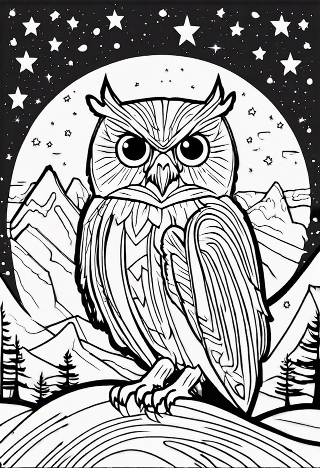 Night Owl in the Starry Mountains Coloring Page