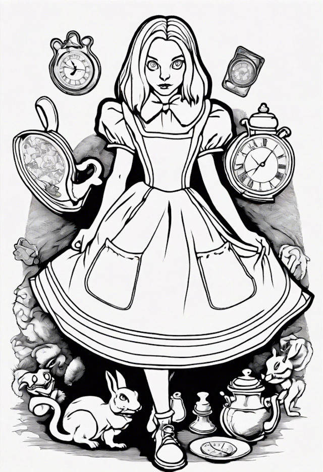 A coloring page of Alice in Wonderland’s Tea Time Adventure