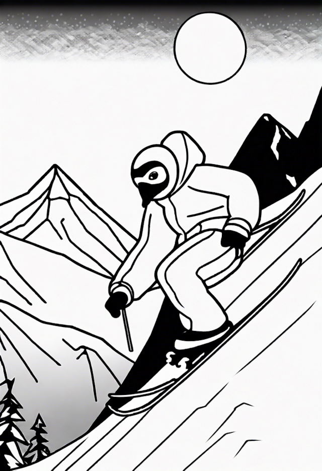 A coloring page of High-Speed Skiing Adventure