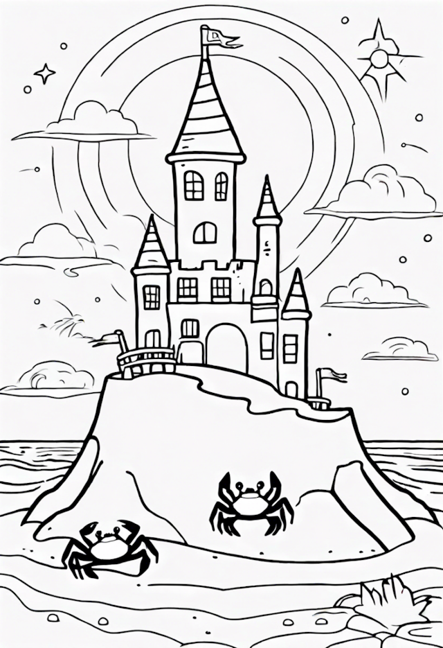 A coloring page of Castle on the Beach with Crabs