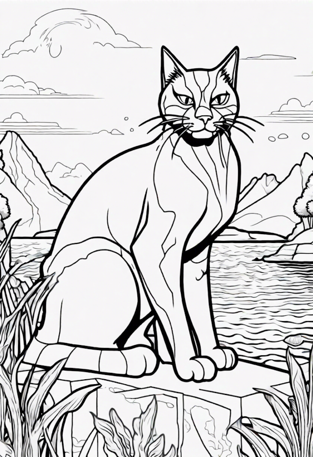 A coloring page of Regal Cat by the Serene Lake