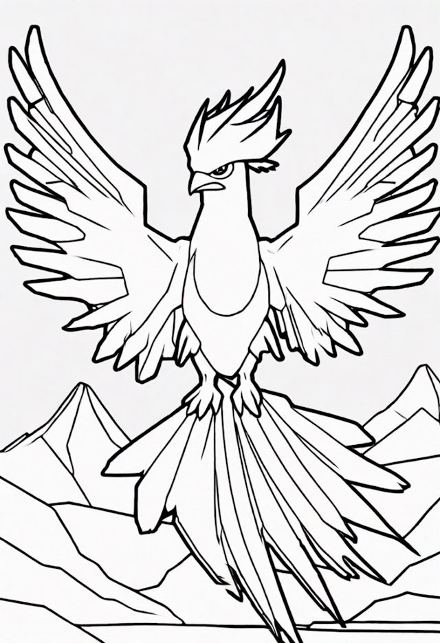 A coloring page of Articuno Soars Over Mountains Coloring Page