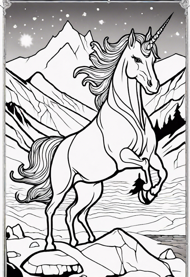 A coloring page of Majestic Unicorn in the Mountains Coloring Page