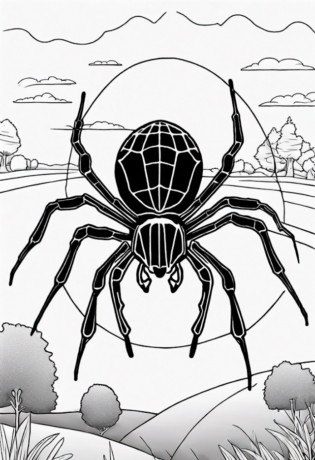 A coloring page of Giant Spider in the Countryside Coloring Page