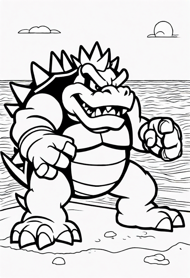 A coloring page of Bowser at the Beach Coloring Page