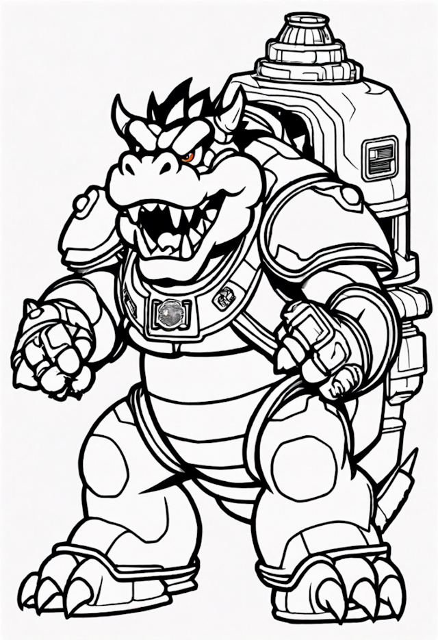A coloring page of Bowser in Mecha Armor Coloring Page
