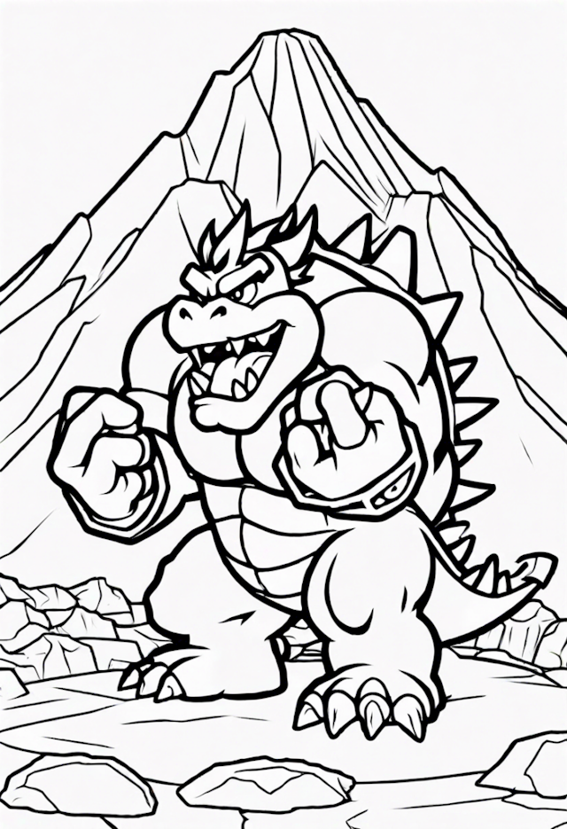 A coloring page of Bowser in the Mountainous Wilderness