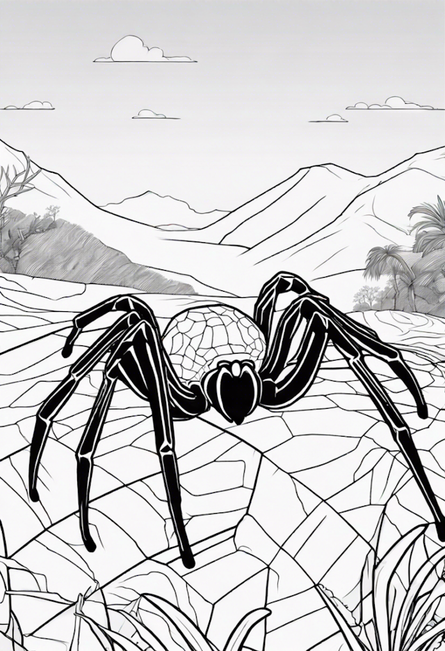 A coloring page of “Mountain Landscape with Spider”