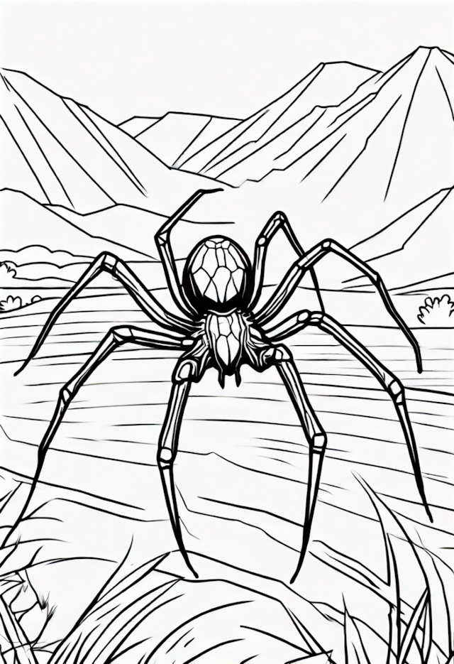A coloring page of Spider in the Mountain Valley