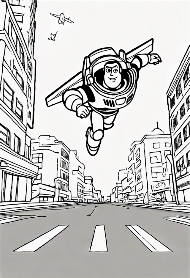 A coloring page of Buzz Lightyear Soaring Above the City