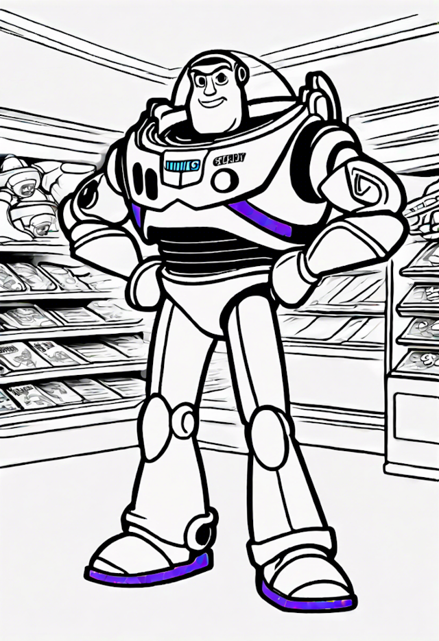 A coloring page of Buzz Lightyear in the Toy Aisle Coloring Page