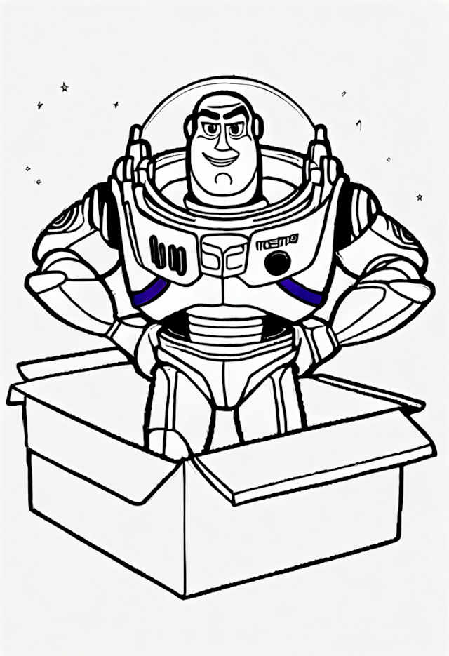 A coloring page of Buzz Lightyear’s Adventure in a Box