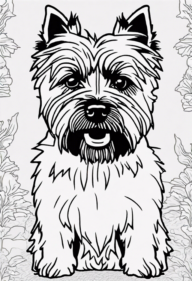 A coloring page of Westie Pup in a Garden