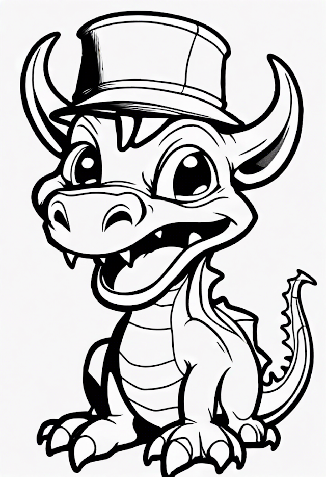 A coloring page of Tiny Dragon in a Top Hat Coloring Page