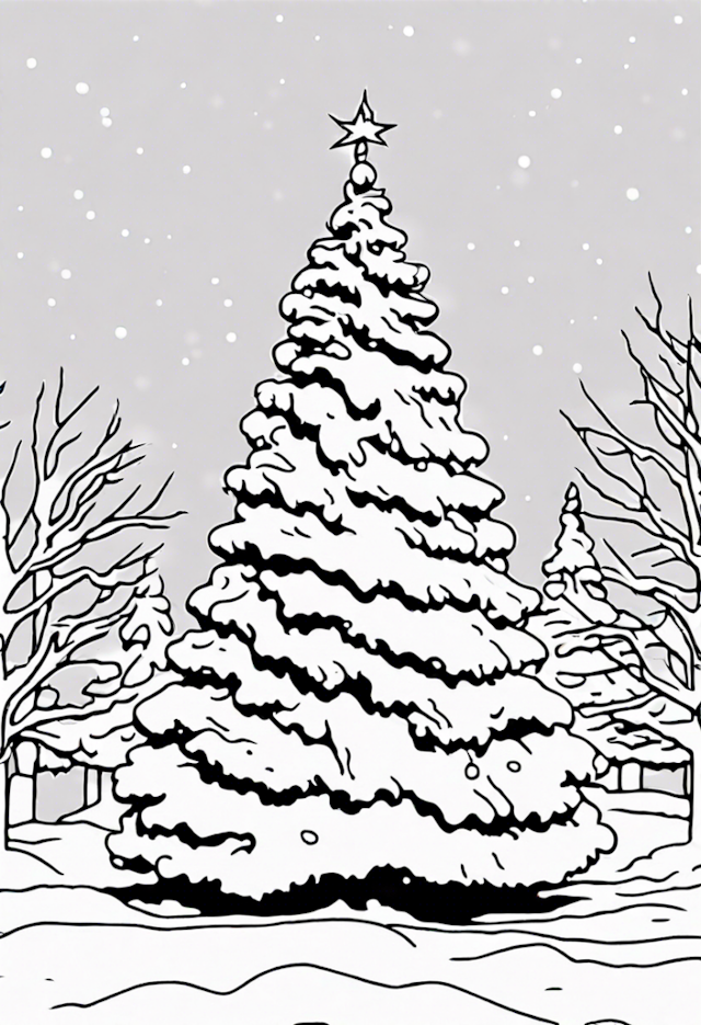 A coloring page of Christmas Tree in a Winter Wonderland