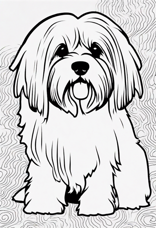 A coloring page of Fluffy Dog in a Swirly Background