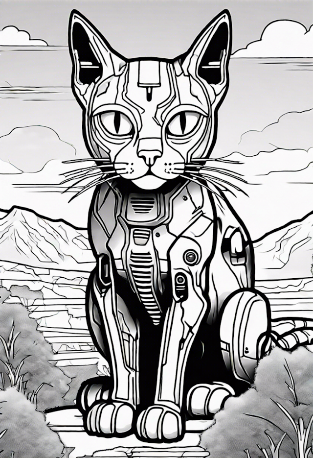 A coloring page of Cyber Cat in a Futuristic Landscape
