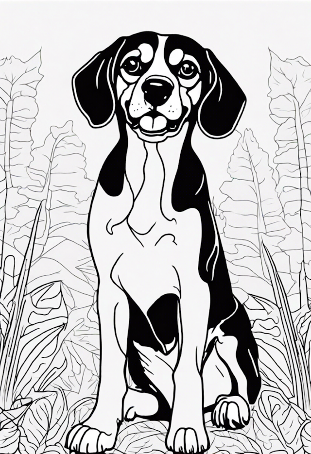 A coloring page of Happy Dog in the Garden Coloring Page