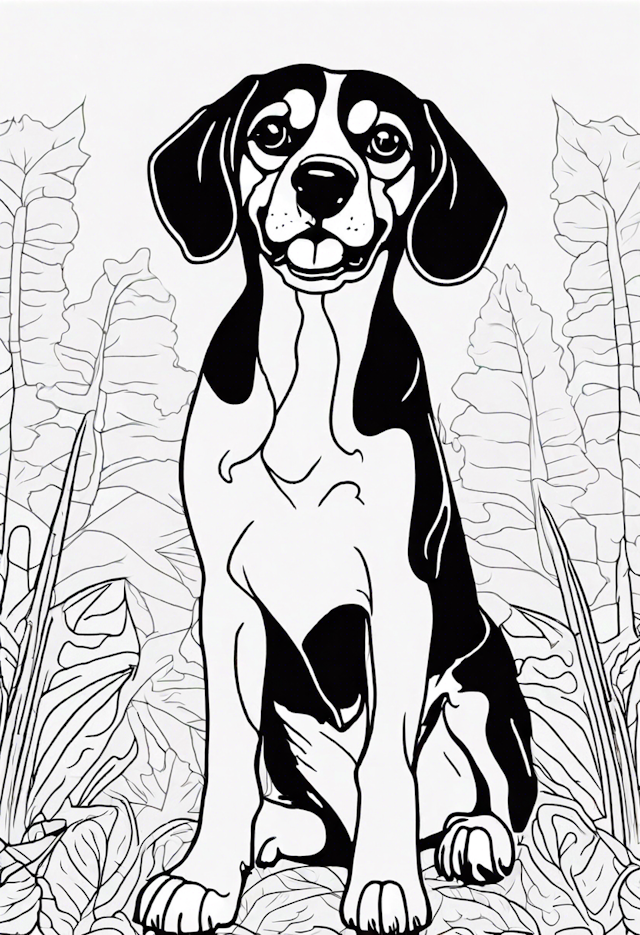 Happy Dog in the Garden Coloring Page