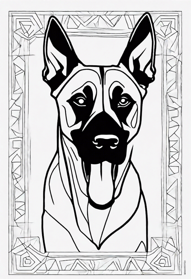 A coloring page of German Shepherd in Decorative Frame Coloring Page