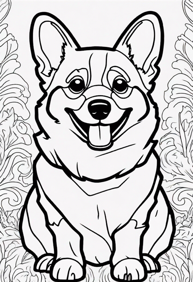 A coloring page of Smiling Corgi in the Garden