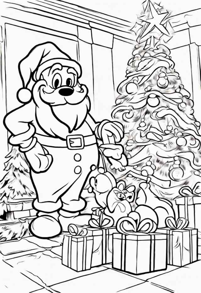A coloring page of Santa Claus by the Christmas Tree