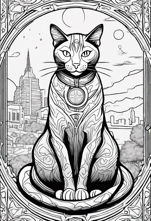A coloring page of Stained Glass Feline in Urban Setting