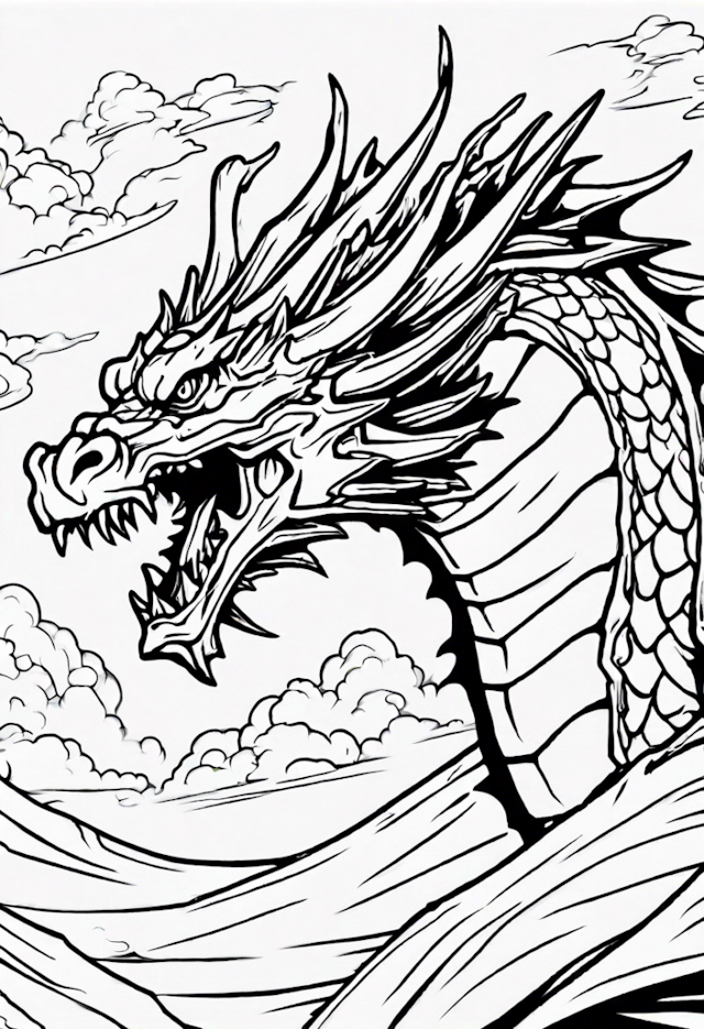 A coloring page of Ferocious Dragon in the Clouds Coloring Page