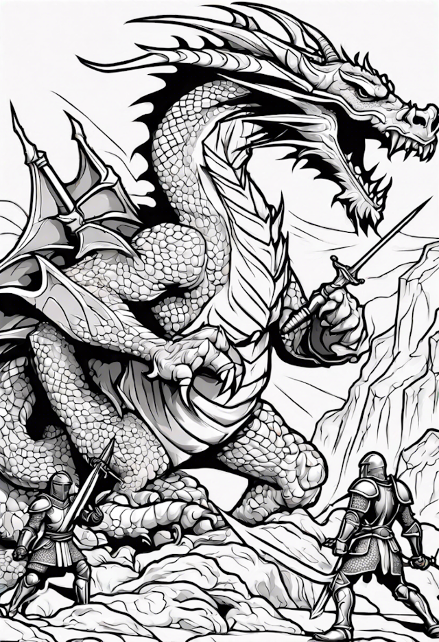 A coloring page of Epic Battle with the Ferocious Dragon