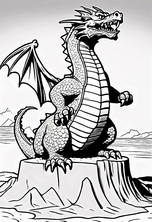 A coloring page of Majestic Dragon on Mountain Coloring Page