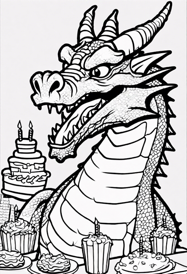 A coloring page of Dragon’s Birthday Party Coloring Page
