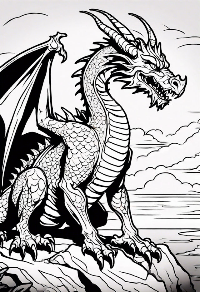 A coloring page of Majestic Dragon on a Cliff Coloring Page