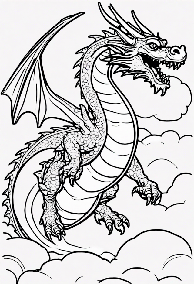 A coloring page of Majestic Dragon in the Clouds Coloring Page