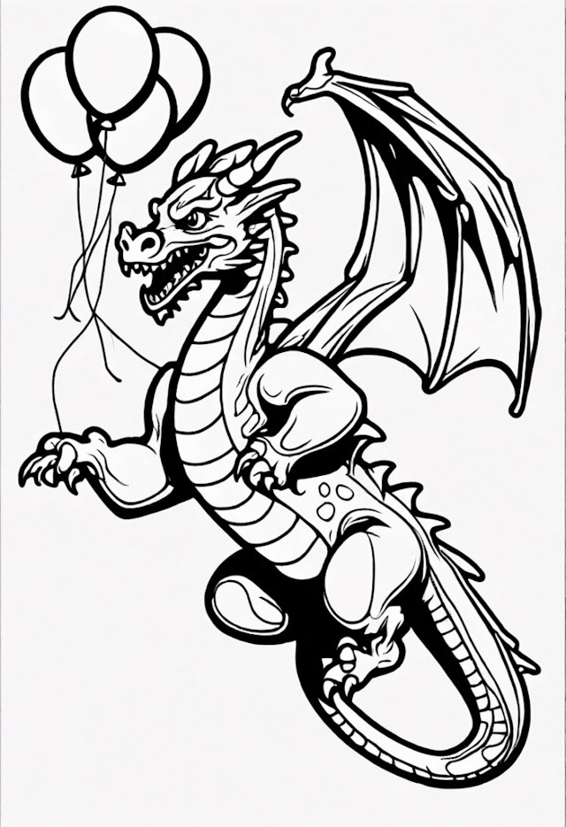 A coloring page of Dragon with Balloons Coloring Page