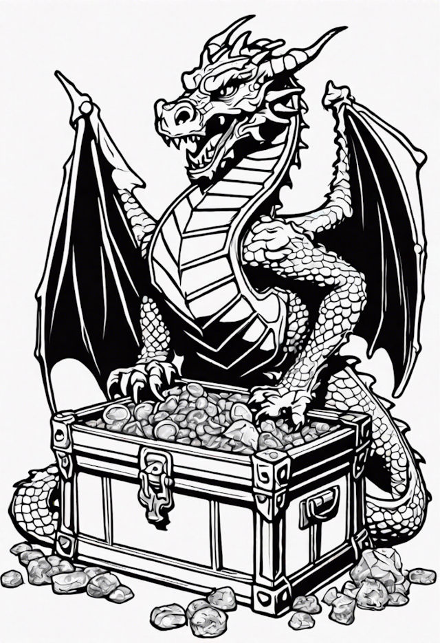 A coloring page of Dragon Guarding Treasure Chest Coloring Page
