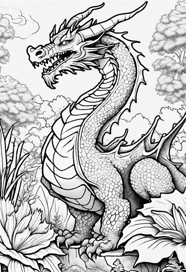 A coloring page of Majestic Forest Dragon Coloring Page