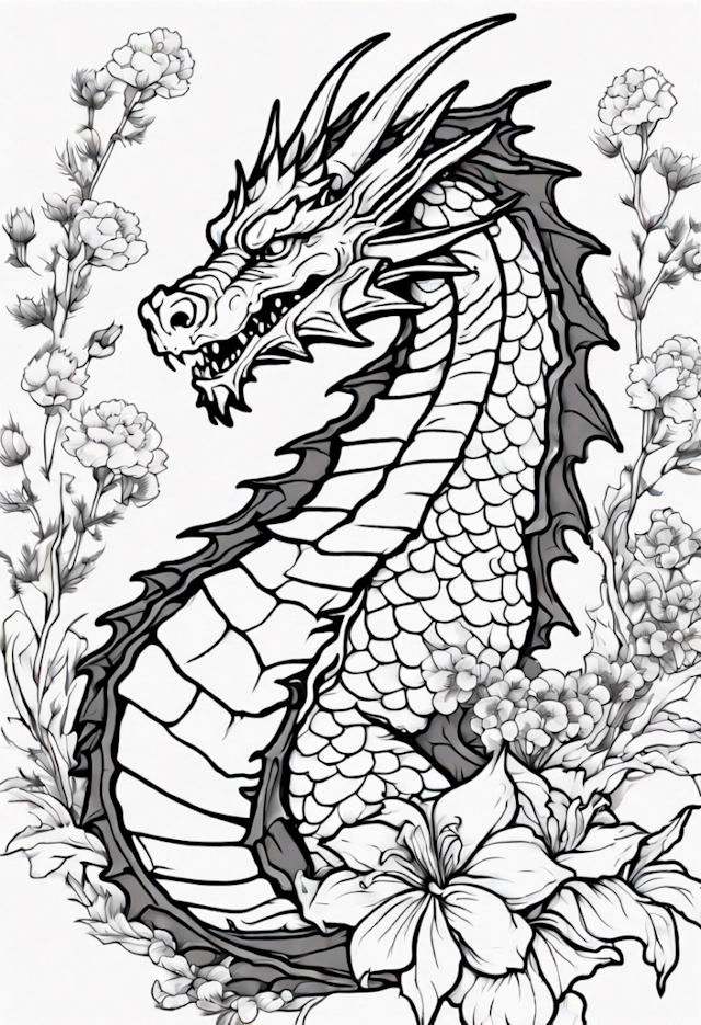 A coloring page of Dragon Among Blossoms Coloring Page