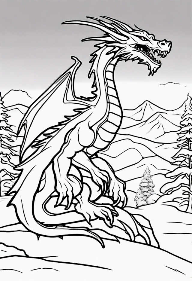 A coloring page of Mighty Dragon Overlooking Snowy Mountains