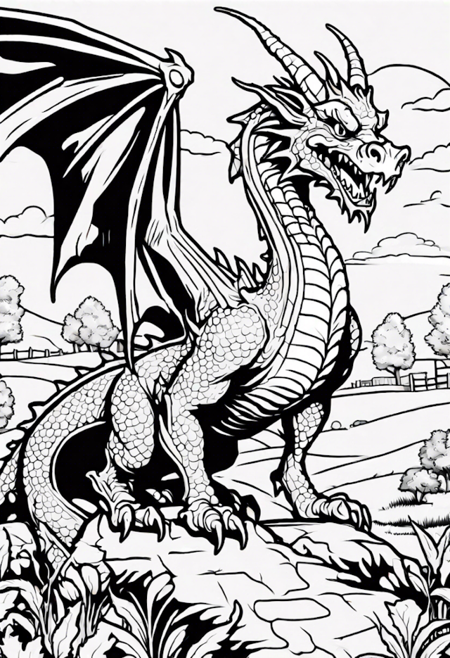 A coloring page of Mighty Dragon Overlooking the Valley Coloring Page